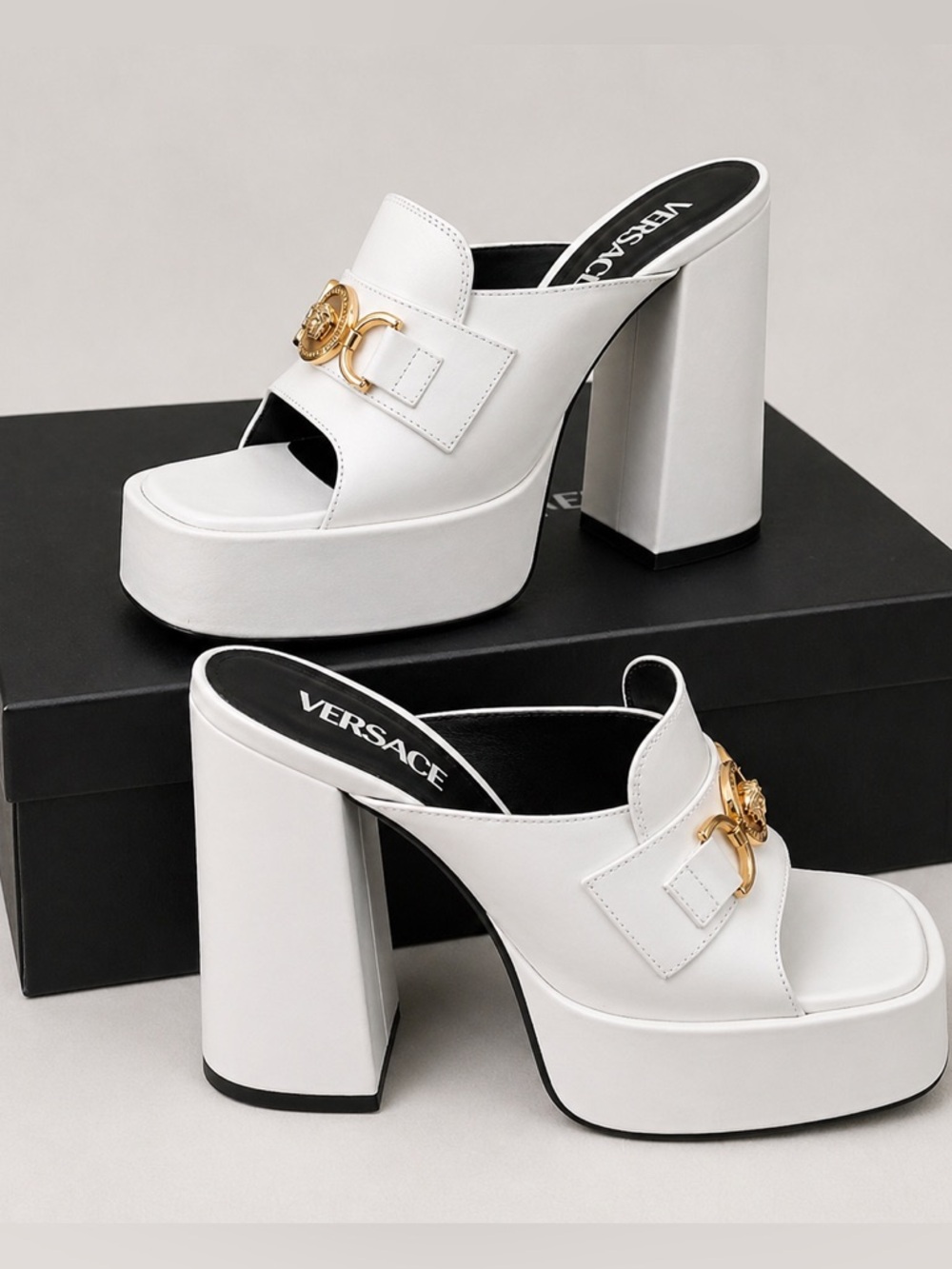 Versace Medusa Platform Mules White Leather Gold Hardware EU 38 | Box & Dust Bag